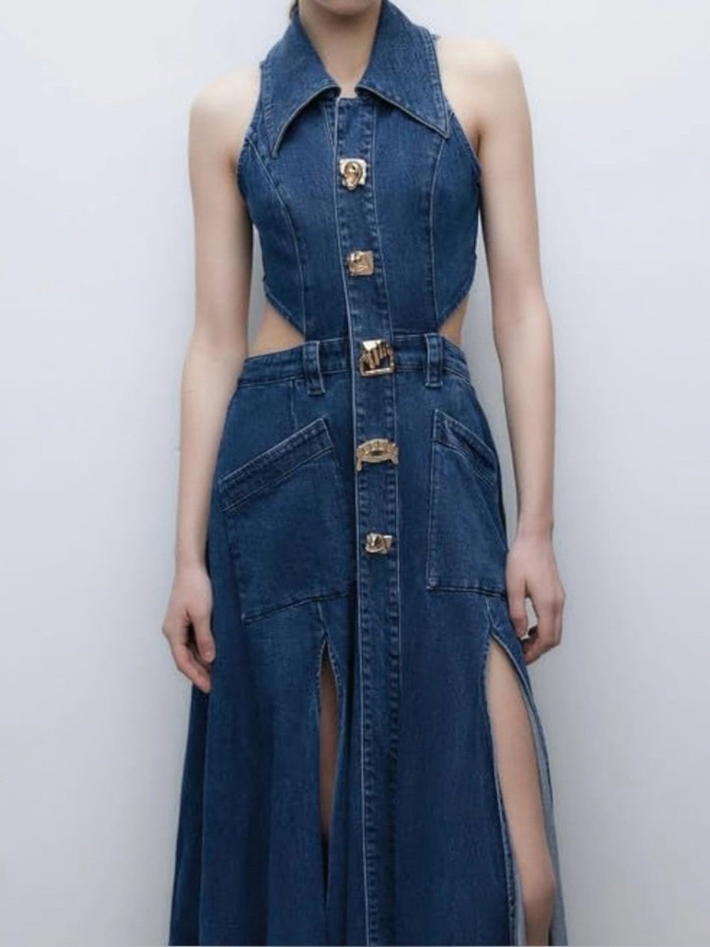 Denim Halter Cutout Maxi Dress in Dark Blue